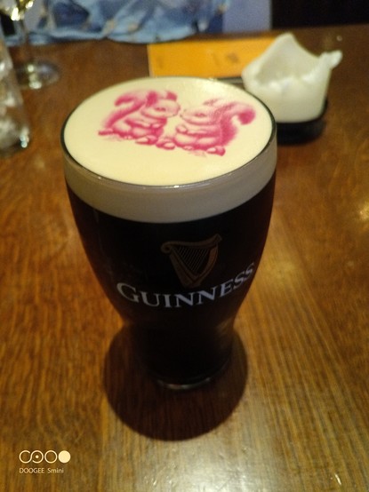 Photo of a pint of Guinness with a pair of red squirrels drawn on top.