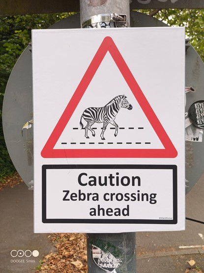 Red border triangle warning sign showing a cartoon zebra crossing the road.