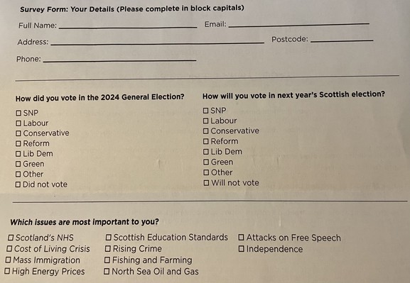 A survey asking who I voted for at Westminster 2024 / who I’ll vote for in Holyrood 2026, and which issues are most important to me: Scotland’s NHS, Cost of living crisis, Mass immigration, High energy prices, Scottish education standards, Rising crime, Fishing and farming, North Sea oil and gas, Attacks on free speech, Independence.