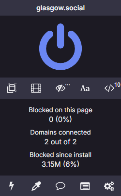 A screen grab of Ublock Origin showing zero items blocked on the Glasgow.social Mastodon site