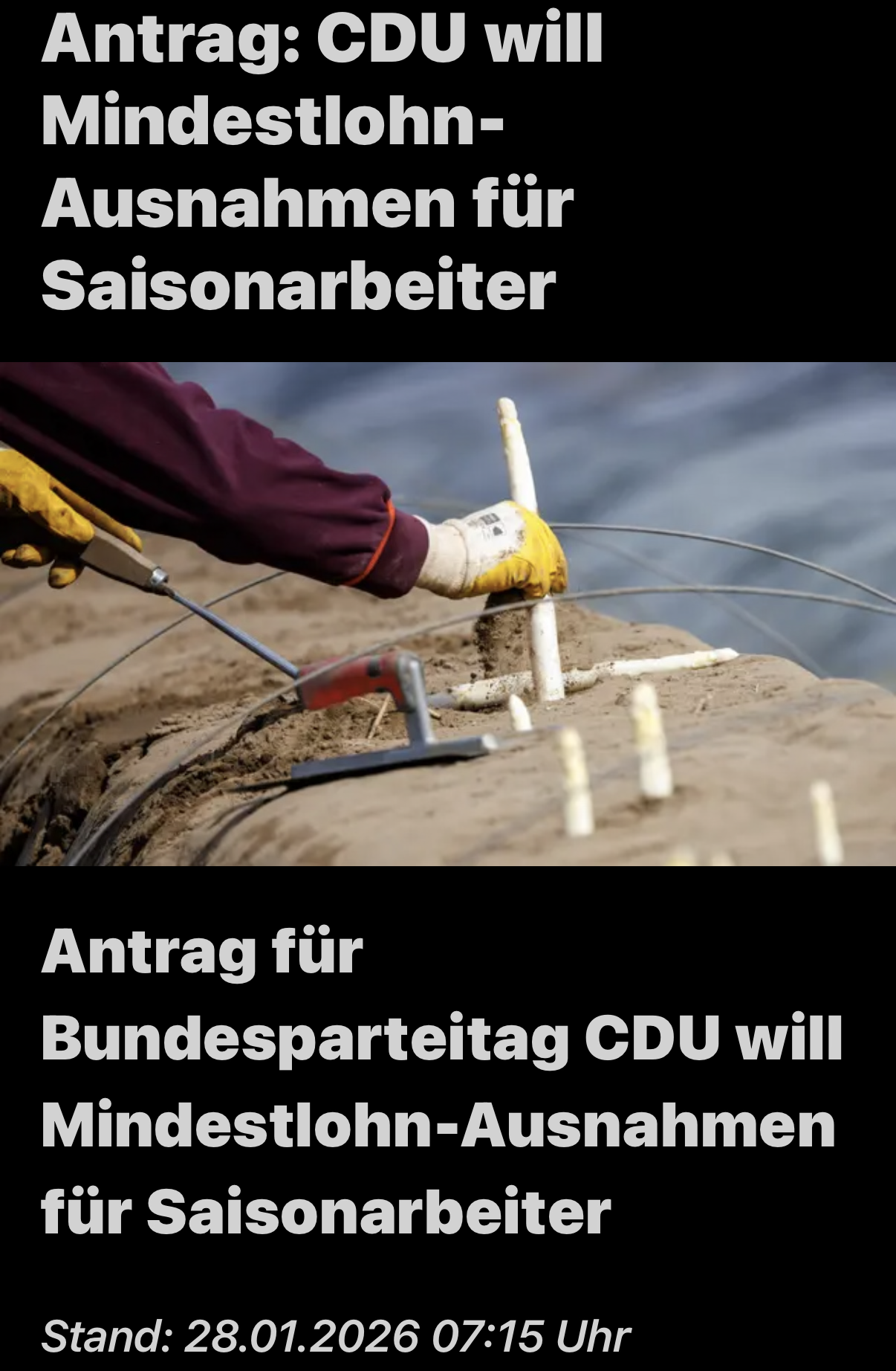 Ein online Artikel mit einem Bild wie Spargel gestochen wird. 

Text: Antrag: CDU will
Mindestlohn-
Ausnahmen für
Saisonarbeiter
Antrag für
Bundesparteitag CDU will
Mindestlohn-Ausnahmen
für Saisonarbeiter

Stand: 28.01.2026 07:15 Uhr