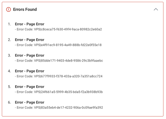 The same job application website in Safari decides that there are 6 errors on the page, all called things like "Error Code: VPS|c8ceca75-f630-49f4-9aca-80982c2e60a2"